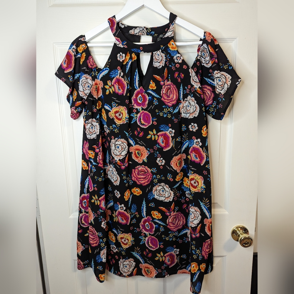 Lily Rose black with pink floral print cold shoulder dress size XL